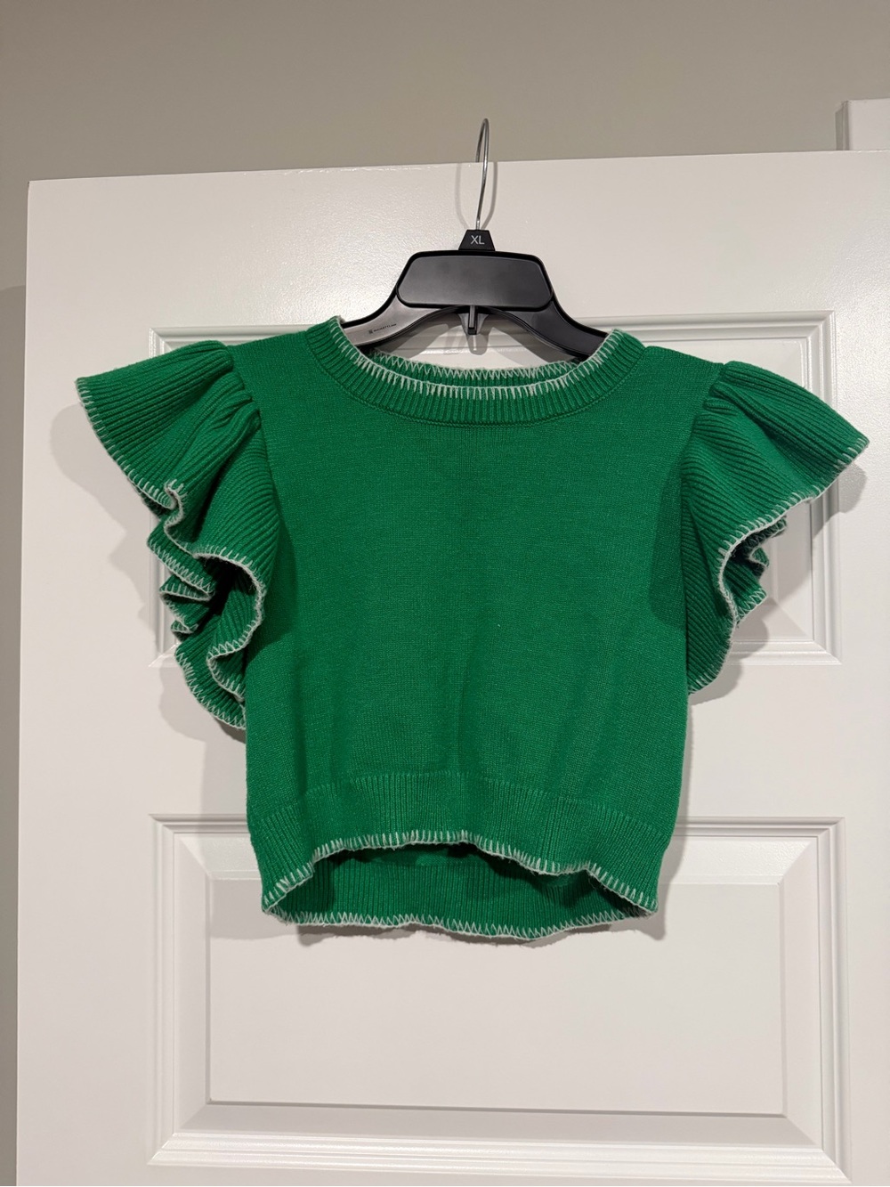 Day + Moon Green Ruffle Short Sleeve Sweater Top